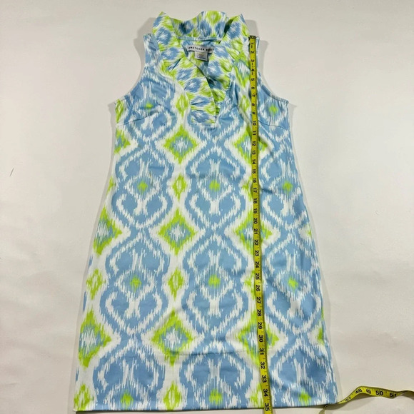 Gretchen Scott Ruffleneck Sleeveless Dress Lime Periwinkle Geo Print - Picture 5 of 5